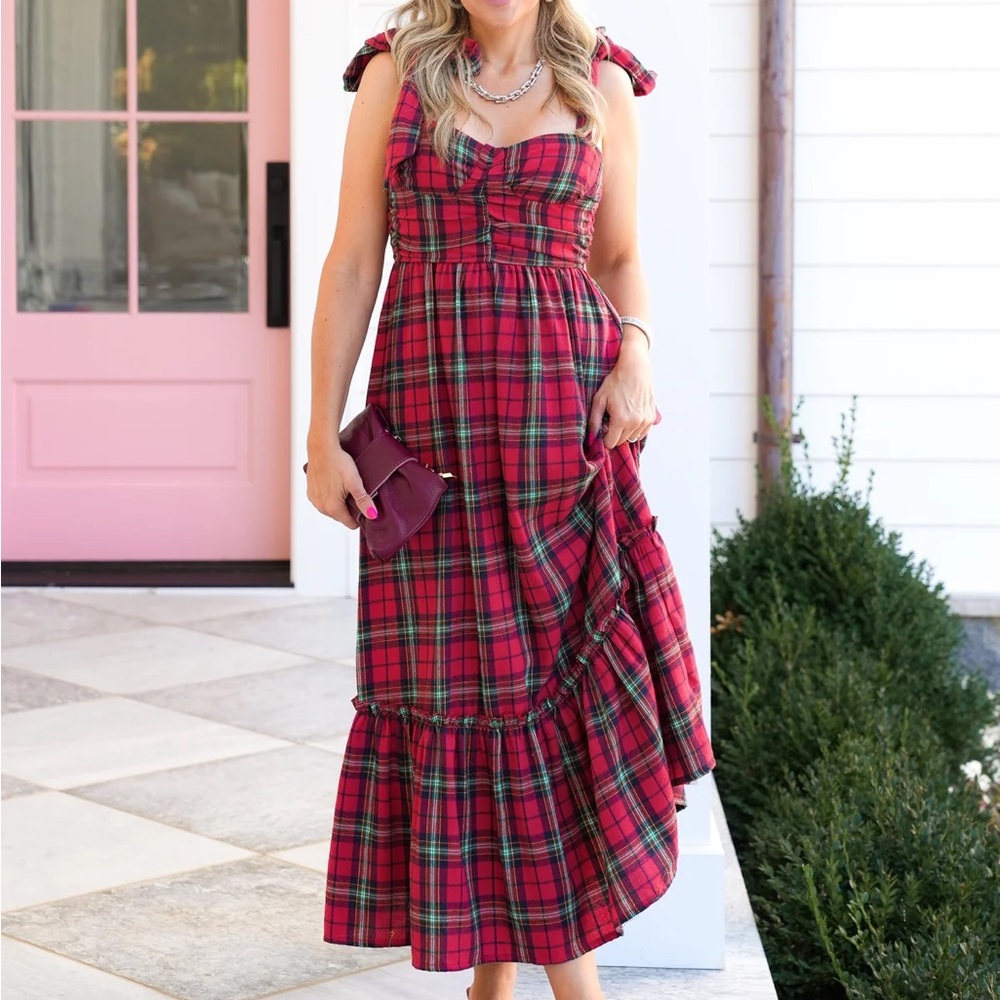 So Me Red and Green Plaid Midi Dress